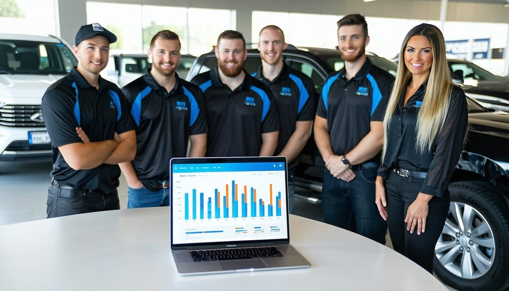 Automotive dealership team using SaaS platform on laptop Automotive dealership team using SaaS platform on laptop